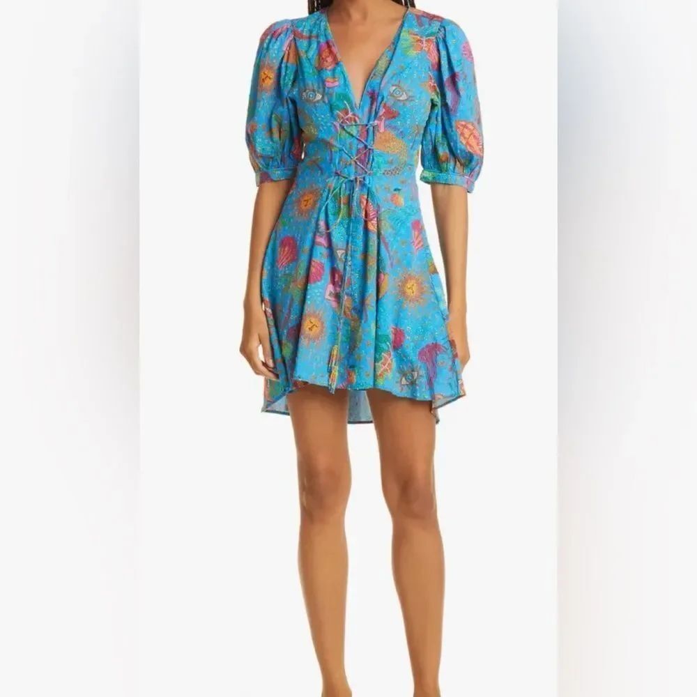 Farm Rio Ocean Stories Lace Up Cotton Minidress NWT Size S